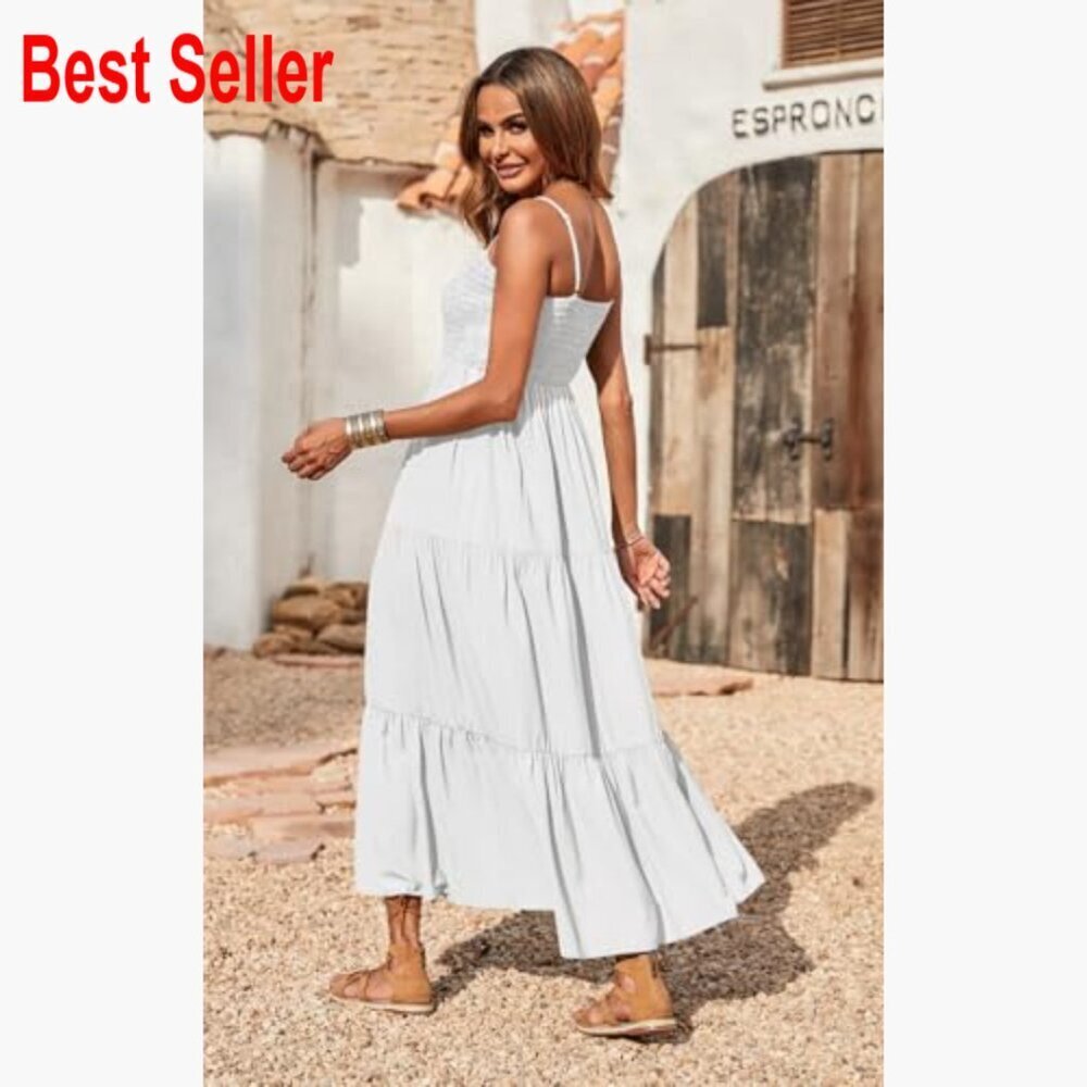 Polyester Maxi Dress with Spaghetti Straps Smocked Bodice Tiered - Picture 4 of 7